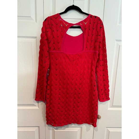 Free People Red Crochet Chevron Knit Long Sleeve Open Back Mini Dress - Picture 4 of 8